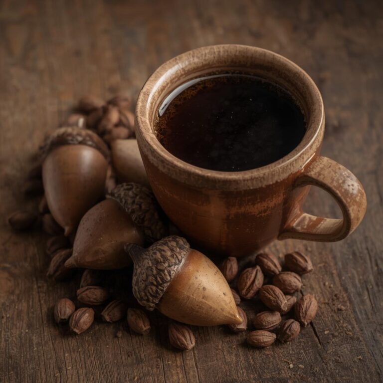 Home palamut kahvesi ve fincanı geerçekçi ve meşe palamudu ve çekirdekleri