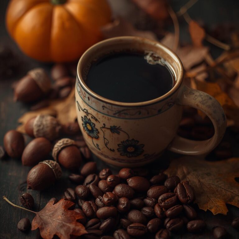 Home palamut kahvesi ve fincanı otantik güzel fincan ve etrafta meşe palamudu ve yaprakları kahve çekirdekleri farklı sinematik ambiyans (1)